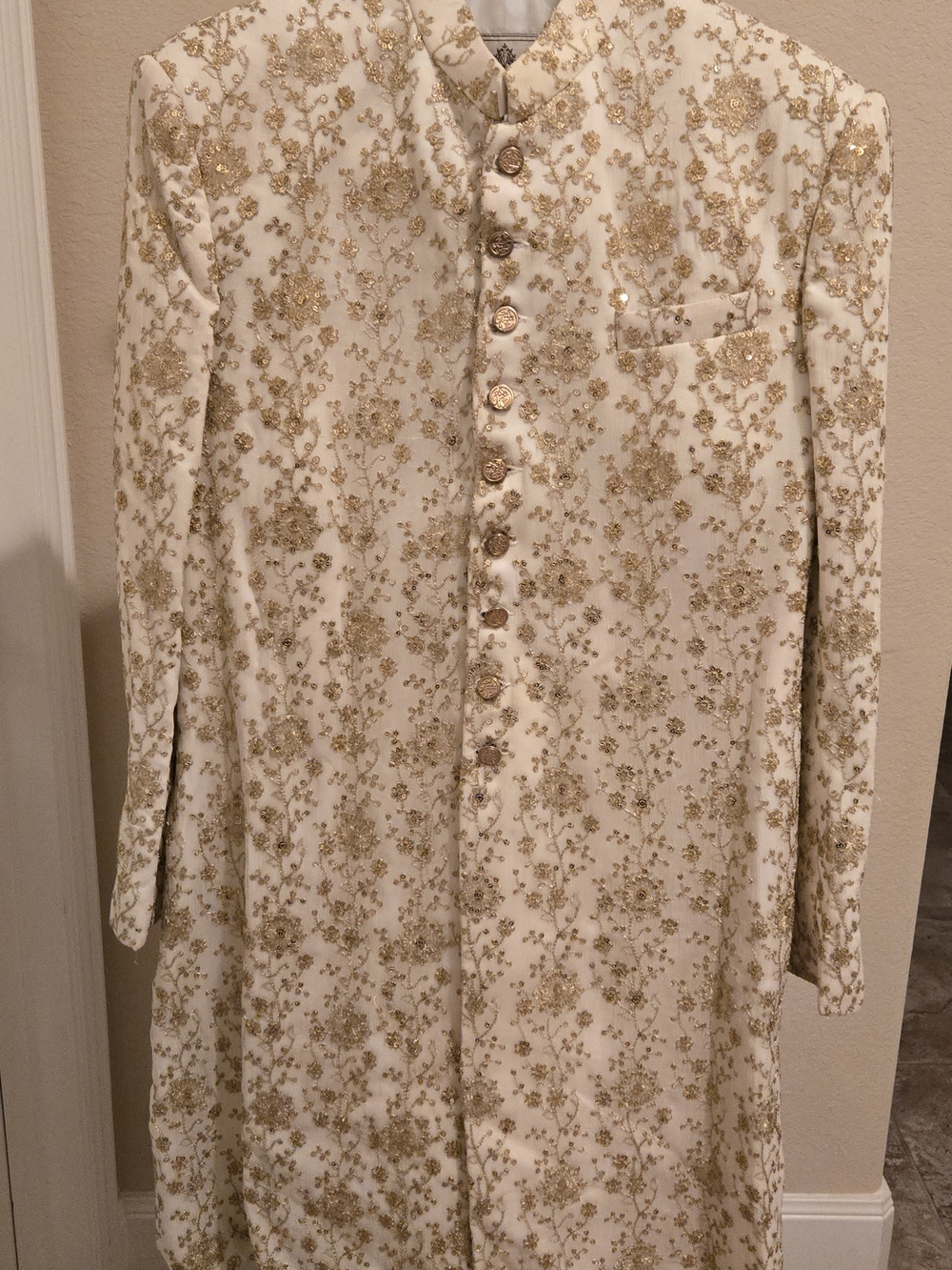 Cream Sherwani with Gold Embroidery - Men's Long Sleeve Formal Jacket